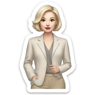 pale skin woman with ash blonde Straightened bob Hair, White Spacious classical jacket, beige palazzo Arrow pants and gray blouse holding RAL colour palette in the hands sticker
