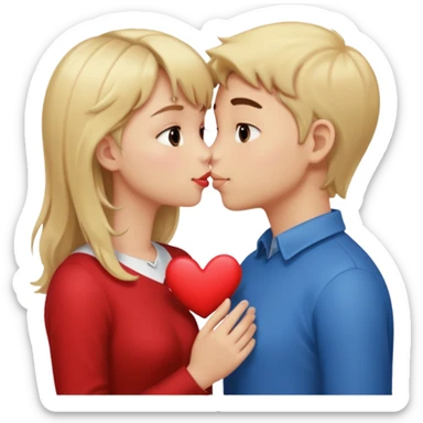 Blond Boy and brunette girl kissing with hearts sticker