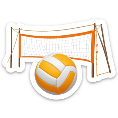 The scene captures a sunny sea beach atmosphere with clear blue sea and sky, palm trees swaying, and people in swimsuits enjoying the vibrant surroundings. A volleyball resting on the orange sand ground of a beach, with a volleyball net in the background.  sticker