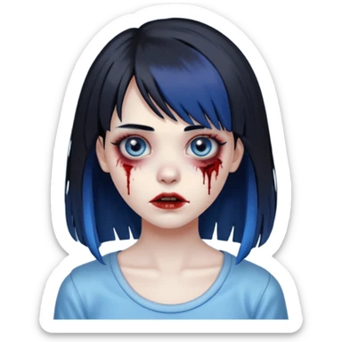 faça uma menina zumbi bonita com um cabelo liso, franja e que metade da franja seja azul e o a outra metade e resto do cabelo sejam pretos sticker