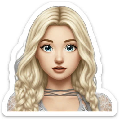 caucasian straight long haired blonde, white plush lace up crop top, tight grey mini skirt, hyperrealist drawing sticker