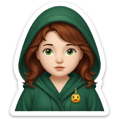 A white woman with a chubby face, with long dark auburn hair robed and hooded like she's a Traitor in the tv show The Traitors. her hair is slightly curly, but kinda frizzy, not with defined curls, and the robe is a very dark green color sticker
