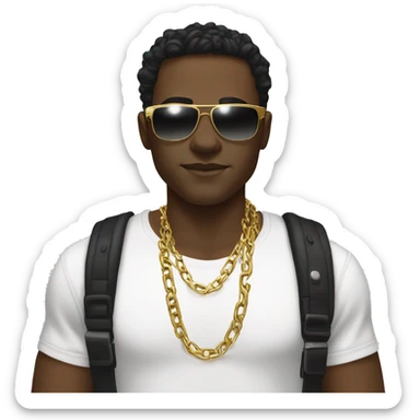 A young man with dark, wavy hair wearing stylish rectangular sunglasses, a white graphic t-shirt, a gold chain, and a black shoulder strap, with a neutral expression.
 sticker