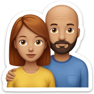 Couple. A bald man with dark brown beard and a girl with light skin. She has dark yellow brown auburn hair. sticker