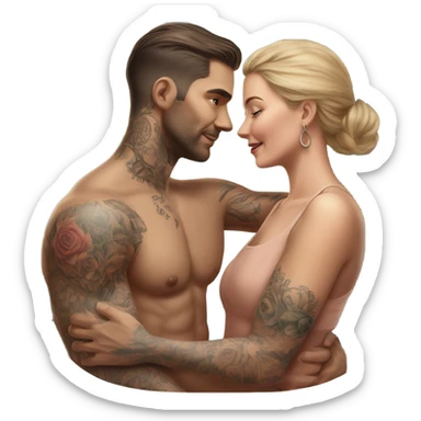 Hyper Realistic beautiful woman touching a very handsome tattooed man sticker