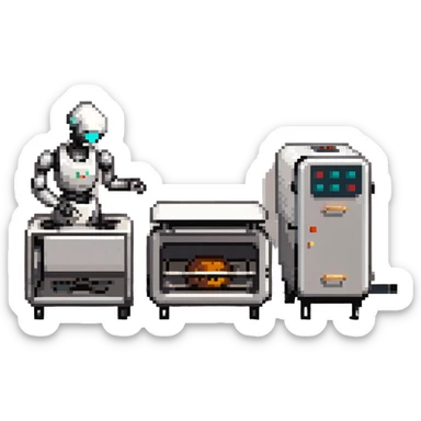 A robotic baker with stainless steel limbs, built-in mixers, and a retro-futuristic oven. The environment is industrial-chic: brushed metal surfaces, LED panels, and mechanical arms. UI mimics control panels with toggle switches, rivets, and analog dials. sticker