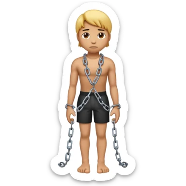 A 3D emoji of a person in Apple style with chains on hands and feet, standing with a sad expression. The posture is slightly slouched, showing captivity. Clean, glossy Apple-style rendering, isolated on white background.



 sticker