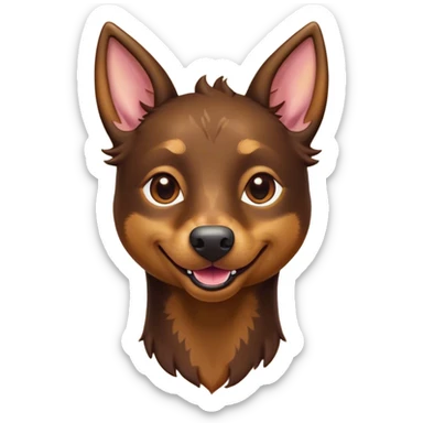 Cinematic Comical Brown and Tan Kelpie Portrait Emoji, Head tilted dramatically with an exaggeratedly amused expression, featuring a striking brown Fur with bold tan accents, wide, expressive warm eyes filled with playful disbelief, Simplified yet hilariously expressive features, highly detailed, glowing with a slightly sassy glow, high shine, dramatic yet playful, stylized with an air of cheeky mischief, bright and endearing, soft glowing outline, capturing the essence of a spirited and over-the-top herder, so meme-worthy it feels like it could side-eye its way into internet fame instantly! sticker