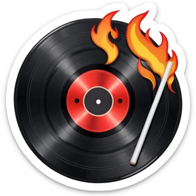 a black vinyl record white stick  with red outlin and flames  sticker