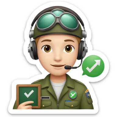 Slack-style emoji of a pilot wearing holding a green board with a white check mark sticker