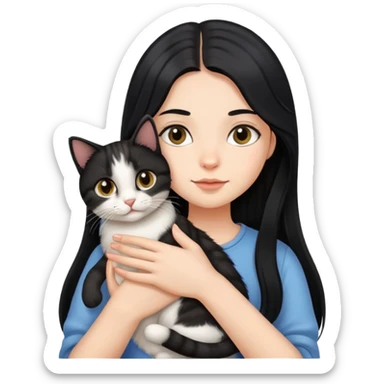 Long black hair girl holding a haired tabby cat sticker