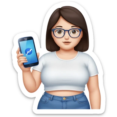 chica adolescente gordita ,pelo castaño oscuro,crop top blanco ,jeans vaqueros, espejuelos y un celular samsumg en su mano izquierda  sticker