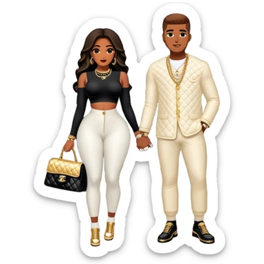 Man living his dream. He’s boo’d up with a pretty Brownskin big booty woman wearing a Chanel outfit with her holding a Chanel bag. The man has on an Off-White outfit down to the shoes and socks. The man isn’t holding a bag, but they’re standing in front if they’re Mansion sticker