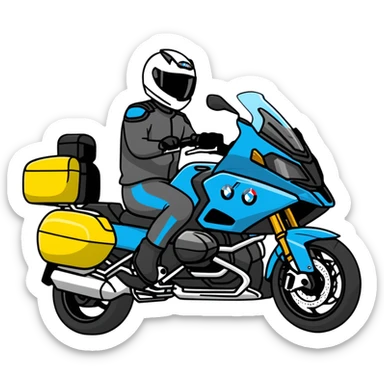 blue BMW RT1200 touring motorcycle with rider sticker