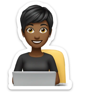 Graphic Designer woman black pixie cut with laptop, happy sticker