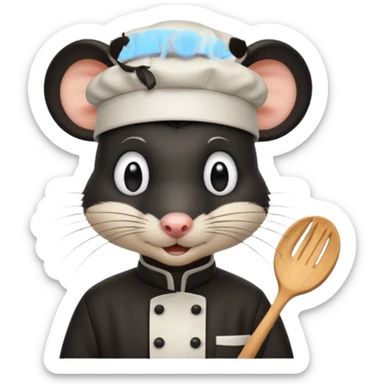 A rat with a fringe, long black hair and chefs hat sticker