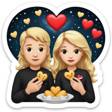 Couple with blonde hair wearing black eating chick filet hearts and outer space in the background. The girl has long wavy hair . sticker
