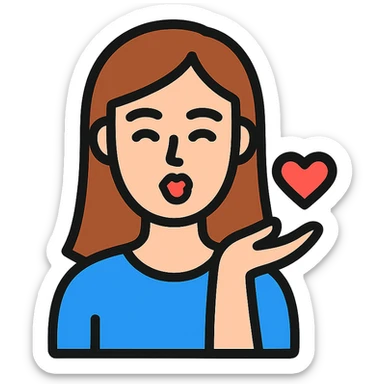 icon of a fair-skinned woman with straight, chestnut hair sending a kiss to the viewer, clean lines, minimal and clear design sticker