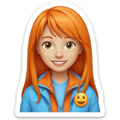 Create a custom emoji-style character inspired by a smiling woman with long orange hair and bangs, light skin tone, light blue eyes, and wearing an orange jacket sticker