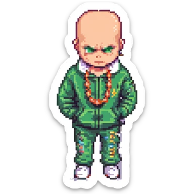 Pixel art thug in tracksuit, holding chain, bald head, angry expression, side view, retro arcade sprite
+ add the indicator to it "2020000" sticker