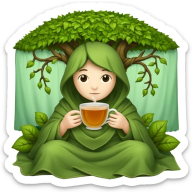 moss spirit bundled in vine blanket sipping night tea sticker