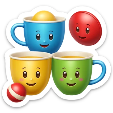 Cute 3D cartoon emoji sticker of a cup and ball shell game with three glossy plastic cups (blue, green, red) and a yellow ball, soft lighting, smooth shadows, playful, white sticker outline, transparent background, high resolution. sticker