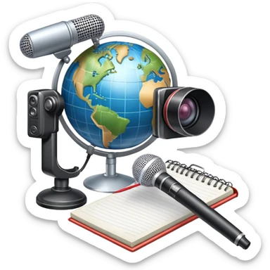 An icon showing a microphone, a notepad, and a camera, symbolizing journalism. The design includes a globe in the background, representing global news, and a breaking news banner for emphasis. Transparent background highlights the dynamic world of media and reporting. sticker