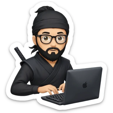 Man with black hair and beard wearing glasses in a ninja costume. Keep the top left version, make the beard longer and replace the sword on his back with a computer keyboard  sticker