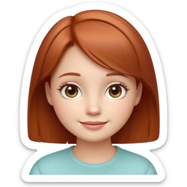 “Cute girly emoji portrait, warm friendly smile, short auburn hair with soft shine, rounded facial features, pastel color palette, subtle blush on cheeks, simplified facial details, soft gradient shading, cozy and feminine emoji style, clean light background. sticker