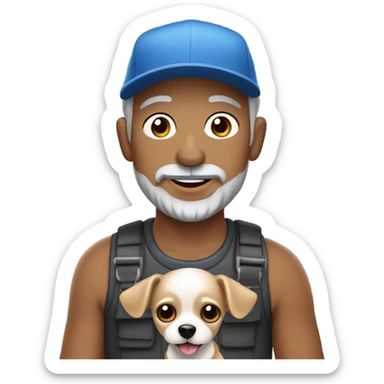 blue eyed man with gray hair gray goatee wearing ball cap holding chihuahua with long black hair sticker