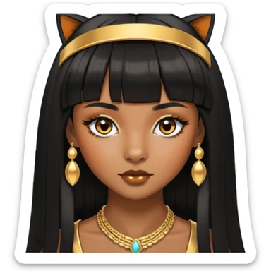 brownskin girl, fox eyes, black straight hair with bangs above eyebrowns, golden accessories sticker