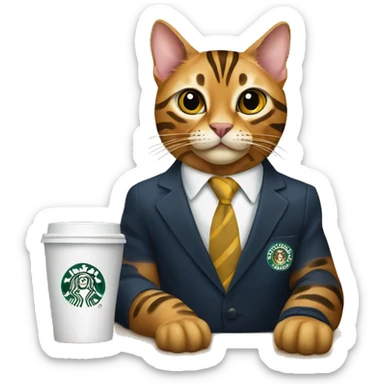 Bengal cat wearing a suit with a Merrill lynch employees badge holding a Starbucks coffee  sticker