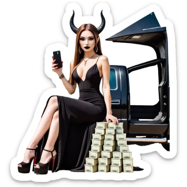 Sensual queen long brown straight haired sexy drug lord woman with black platform high heels with  on her feet,  and devil black horns on her head, holding a stack of cash, has a phone in other hand. Sitting on a large big new model F350 pickup truck  full of drugs, long black dress with sexy slit sticker
