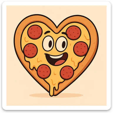 a heart-shaped pizza, cartoon style, with cheese and pepperoni, playful and colorful sticker