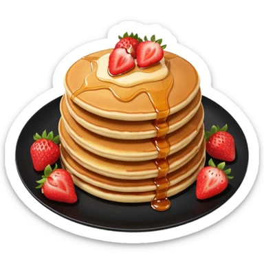 Three Pancakes with strawberries in a black plate sticker