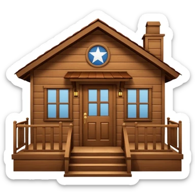 A wooden house typical of Puerto Rican rural neighborhoods, with a simple and cozy design featuring a central functional door, two symmetrical windows, a front porch with open railings, and space for a rocking chair. Emoji style, brown and wooden. sticker