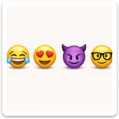 make four emojis on white background with good amount of shadow, four emojis of smiley's only. one laughing, second heart eyes, third purple devil and four black glasses emojis  sticker