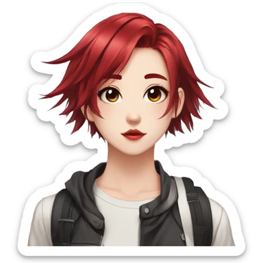 Gorgeous anime style tomboy-lady with blushing face aesthetic and pretty edgy black red punk hair with hair garment trending style sticker