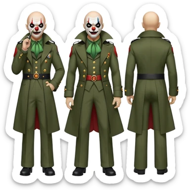 evil clown, bald, small black horns on forehead, fangs, pointed ears, eye patch over one eye, long coat over black and military green leisure suit with bellbottom pants, tail, holding a different style of whip, realistically proportioned, less bulky, full body, battle-ready, fighting posture sticker