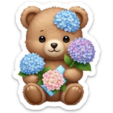 light brown teddy bear super cute holding a light pink and light blue bouquet of hydrangeas sticker