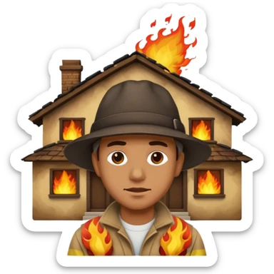 a man standing with a house burning with dramatic flames behind him, apple style emoji sticker