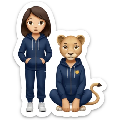 León tierno que sea mujer con pantalones guangos color azul marino y una sudadera negra con cabello suelto color castaño obscuro sticker