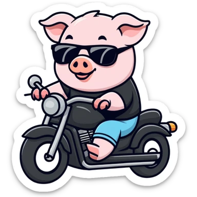 Pig wearing black t-shirt and sunglasses riding a black motorcycle sticker