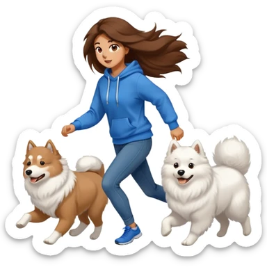 A beautiful girl with long hair wearing a sweatshirt and jeans is running with a Samoyed sticker