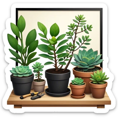 Close-up of a potted sapling being nurtured in rich soil, surrounded by vibrant plants and succulents. Sunlight filters through the window, casting soft shadows. Cozy indoor garden with gardening tools placed neatly on a wooden table. sticker