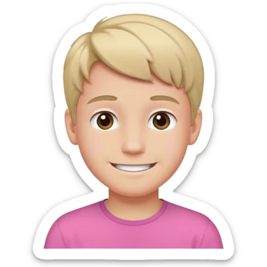 A smiling boy with a pink top and the darkest blonde hair sticker