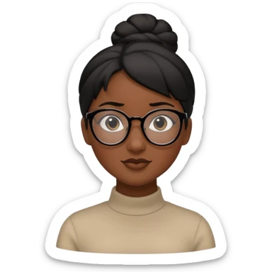 A woman with dark skin, black hair in a neat bun, black glasses, and an oval face with soft features. sticker