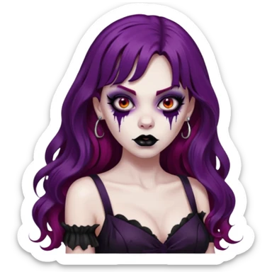 vampira gótica zumbi de cabelo longo e vermelho quase roxo e franja e roupa com decote e batom preto sticker