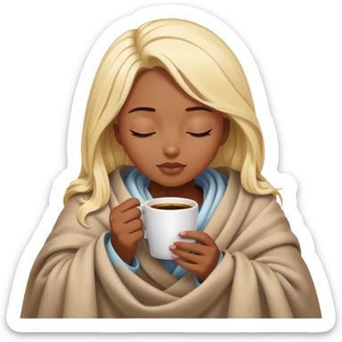 Blonde dark skin girl inside a blanket sipping coffee eyes closed sticker
