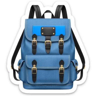 An emoji-style blue denim backpack with a flap top. Two short black buckle straps are attached only at the top flap, do  not extending to the bottom. The front is clean with no pockets or extended straps. The backpack has two side pockets. 


 sticker